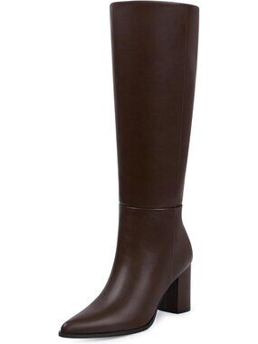 Women's Brown Pu Pointed Toe Chunky Heel Comfortable Wide Calf Knee High Boots
